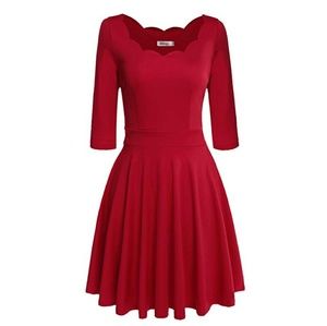3/4 sleeve red dress with scalloped neckline
